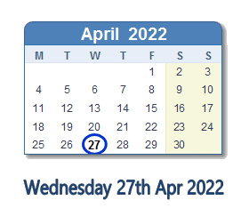27 April 2022 calendar