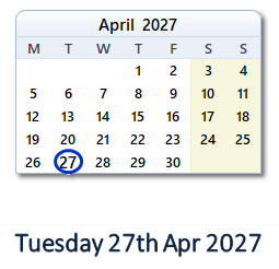 27 April 2027 calendar