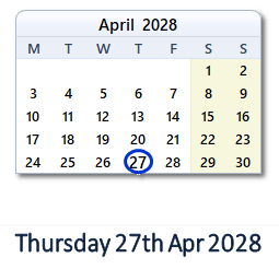 27 April 2028 calendar