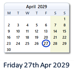 27 April 2029 calendar
