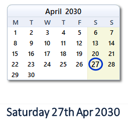 27 April 2030 calendar