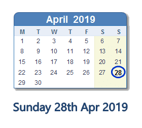 28 April 2019 calendar