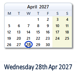 28 April 2027 calendar