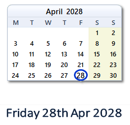 28 April 2028 calendar