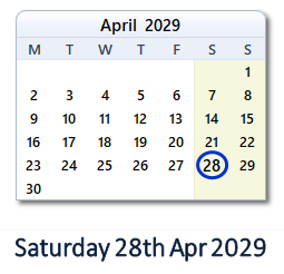 28 April 2029 calendar