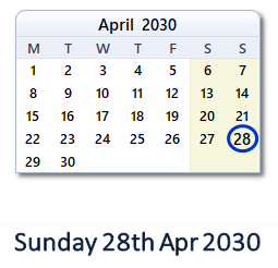 28 April 2030 calendar