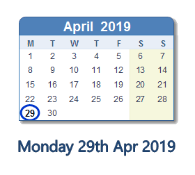 29 April 2019 calendar