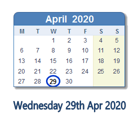 29 April 2020 calendar