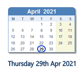 29 April 2021 calendar