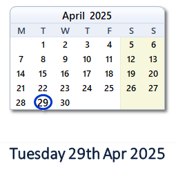 29 April 2025 calendar