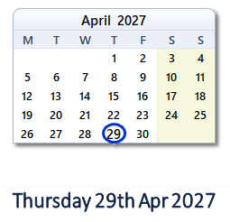 29 April 2027 calendar