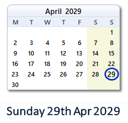 29 April 2029 calendar