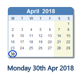 April 30, 2018 calendar