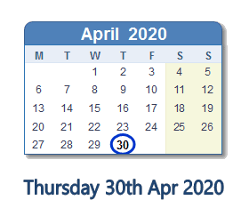 30 April 2020 calendar