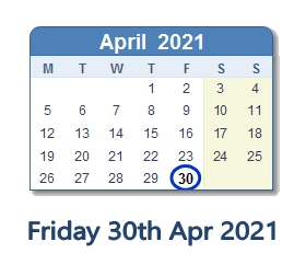 30 April 2021 calendar