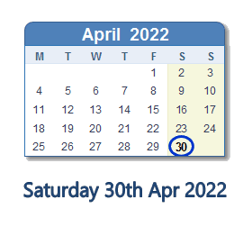 30 April 2022 calendar