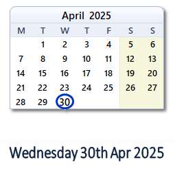 30 April 2025 calendar