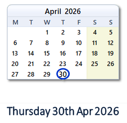 30 April 2026 calendar