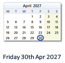 30 April 2027 calendar