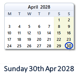 30 April 2028 calendar