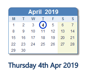 4 April 2019 calendar