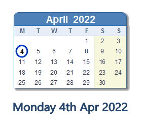 4 April 2022 calendar