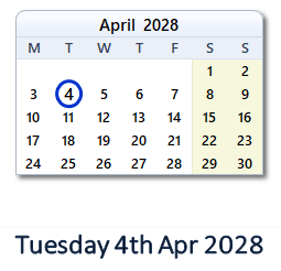 4 April 2028 calendar