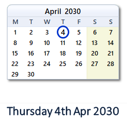 4 April 2030 calendar