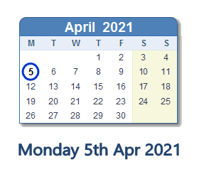 5 April 2021 calendar