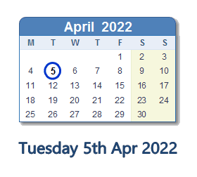 5 April 2022 calendar