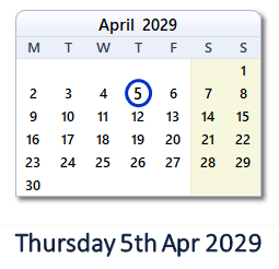 5 April 2029 calendar