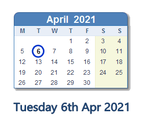6 April 2021 calendar