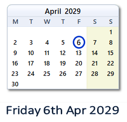 6 April 2029 calendar