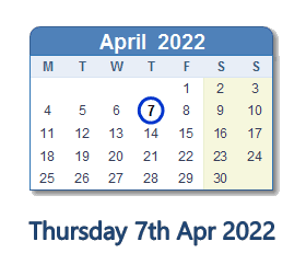 7 April 2022 calendar