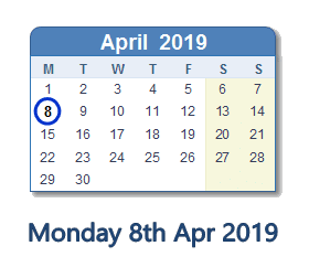 8 April 2019 calendar