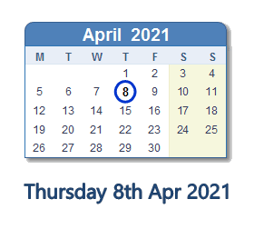 8 April 2021 calendar