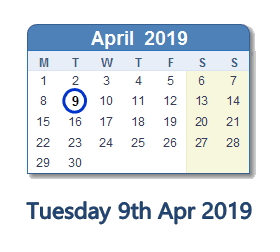 9 April 2019 calendar