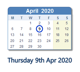 9 April 2020 calendar
