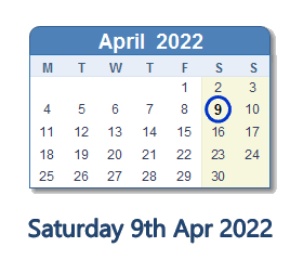 9 April 2022 calendar