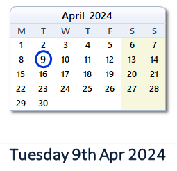 9 April 2024 calendar