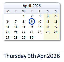 9 April 2026 calendar