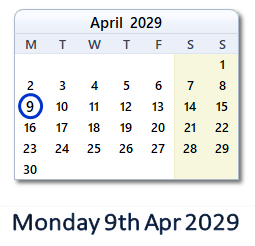 9 April 2029 calendar