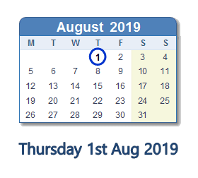 1 August 2019 calendar