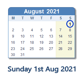 1 August 2021 calendar