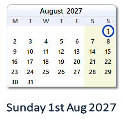 1 August 2027 calendar