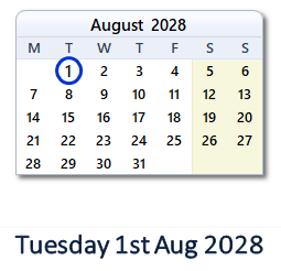 1 August 2028 calendar