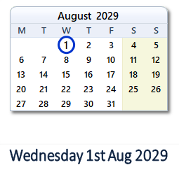 1 August 2029 calendar