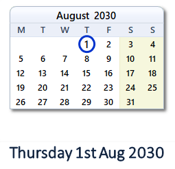 1 August 2030 calendar