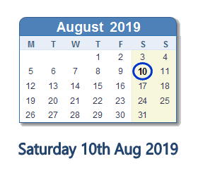 10 August 2019 calendar