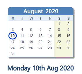 10 August 2020 calendar